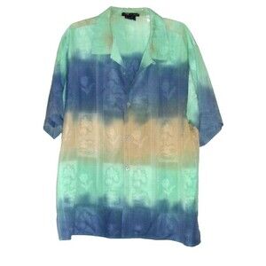 Tulliano Button Down Silk Shirt Color Block Size XL Green Gray Tan Mens